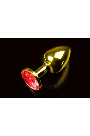Маленькая золотистая анальная пробка с круглым кончиком и красным кристаллом - 7 см.