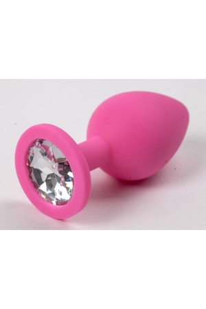 Розовая силиконовая анальная пробка с прозрачным стразом - 8,2 см.