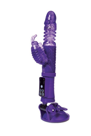 Фиолетовый вибратор с ротацией бусин, клиторальным стимулятором и надёжной присоской