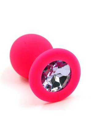 Розовая силиконовая анальная пробка с розовым кристаллом - 7 см.