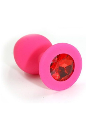 Розовая силиконовая анальная пробка с красным кристаллом - 7 см.
