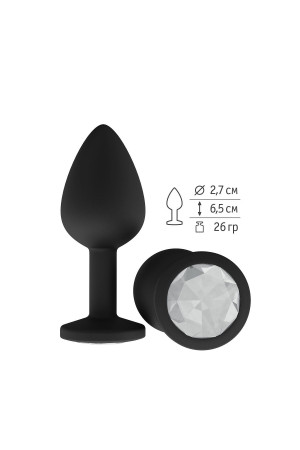 Чёрная анальная втулка с прозрачным кристаллом - 7,3 см.