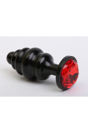 Черная фигурная анальная пробка с красным кристаллом - 8,2 см.